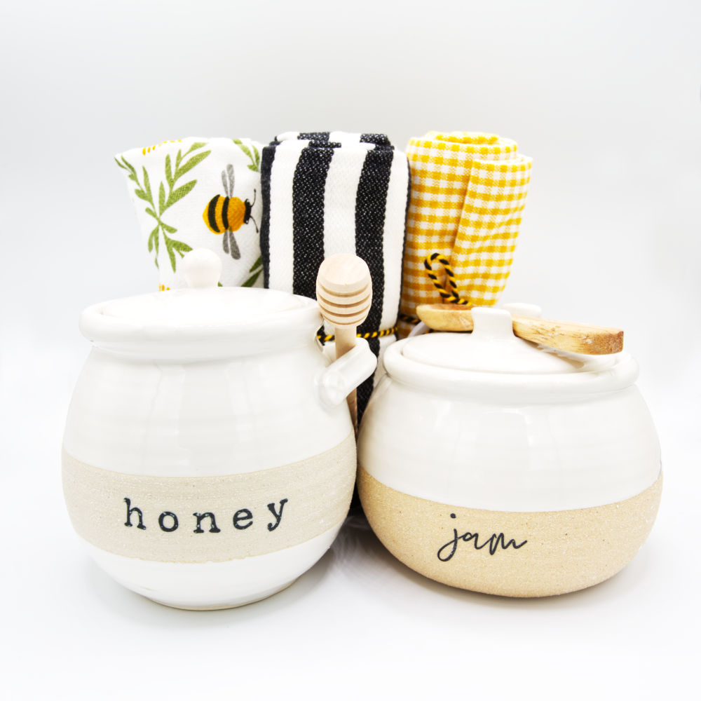 Honey and Jam Jars with dish towels